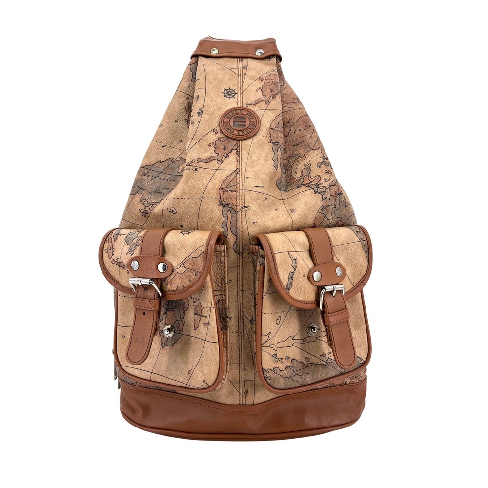 Euro Trends World Map Print Sling Backpack Brown Faux Leather‎ Travel Bag